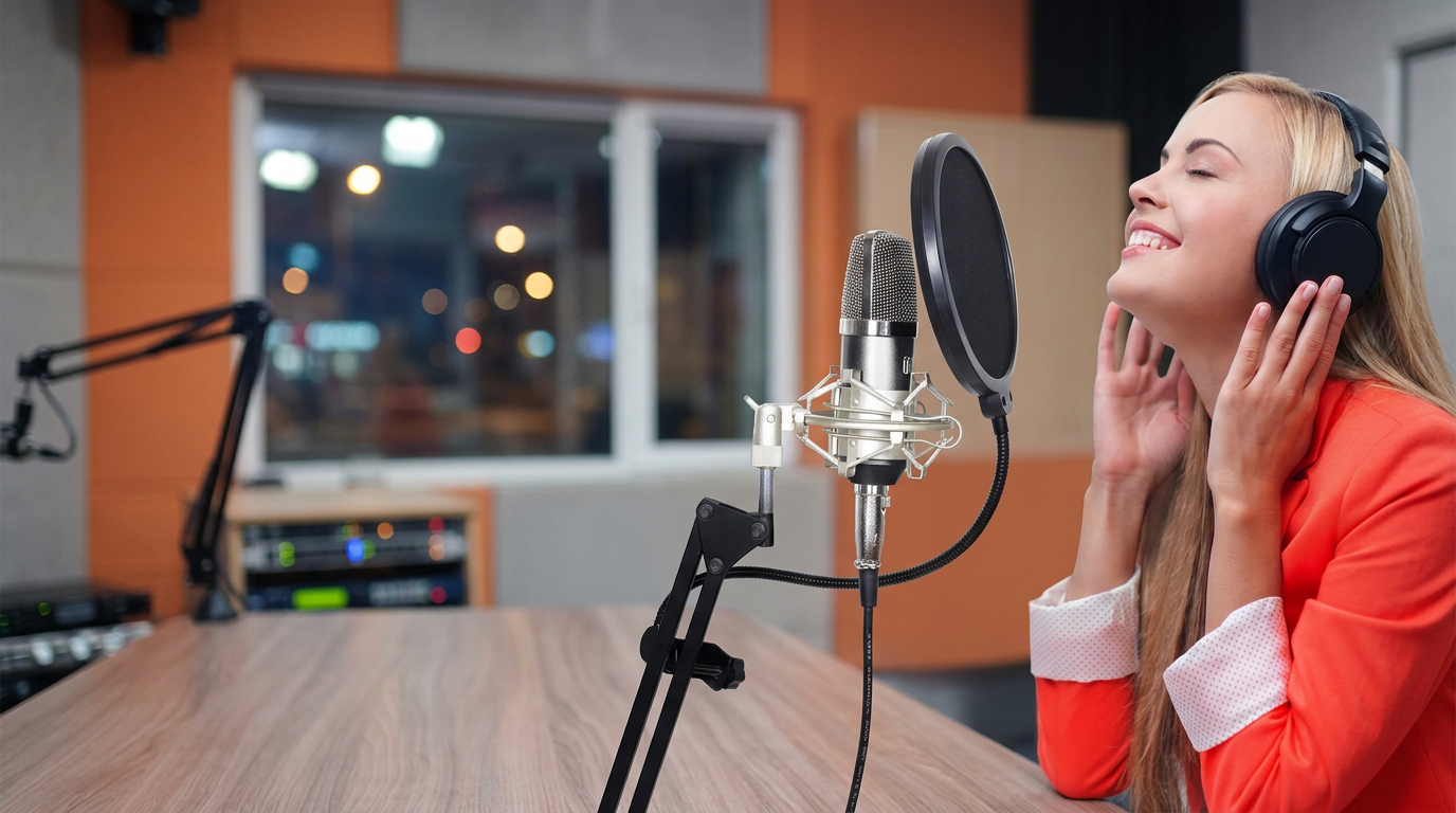 Mulher com fones de ouvido ao lado do microfone no estúdio da rádio
